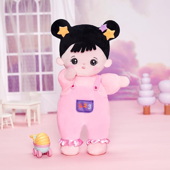 OUOZZZ Soft Baby Doll 10" - Asian Doll First Birthday Toys for 1 Year Old Girl, Ideal 1 Year Old Girl Gifts & Baby Girl Gifts, Snuggle Buddy for Infants Pink Straps Black Hair