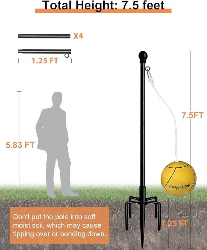Garbuildman Tetherball Set with Ball & Rope for Outdoor Backyard, Adjustable Tether Ball Pole with Reinforced 5-Prong Base for Playground, Outside Ball Games Sports for Kids & Adults, Black