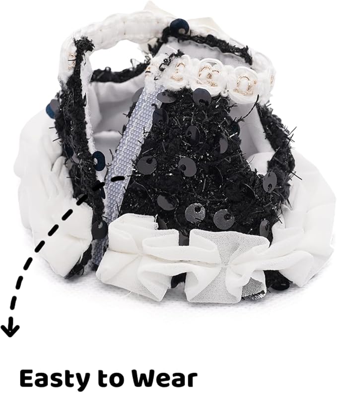 Clothes for 17cm Dolls, Luxury Chic Pearl, Sequin and Bow Decorations Style 3 Piece Set Including Princess Dress, Hat and Bag High-End Outfit - Premium Handmade Accessories for Play & Display - Black