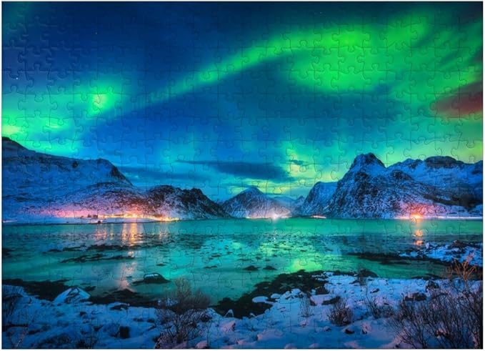 MyPuzzle Aurora Borealis Over Sea Coast, Lights At Night. Northern Lights On Lofoten Islands, Norway - Premium 300 Piece Jigsaw Puzzle for Adults