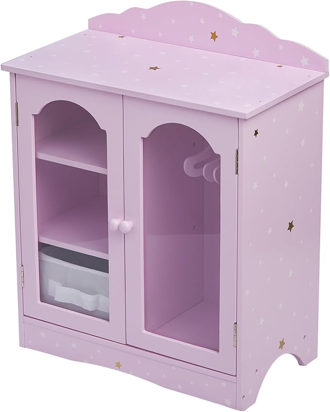Olivia's Little World Twinkle Stars 18" Doll Closet with 3 Hangers, Shelves, & Canvas Bin, Doll Closet Storage for Accessories & Clothes, Purple