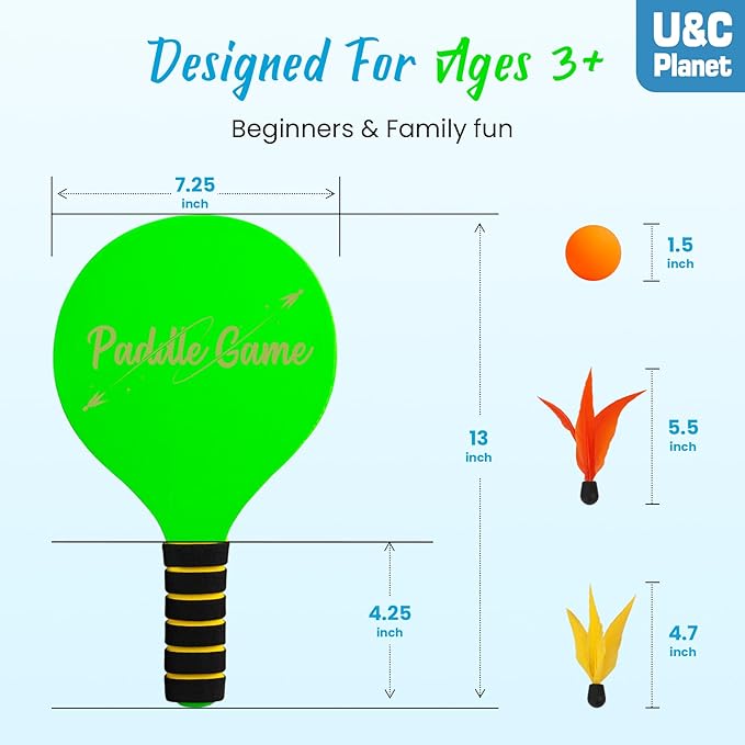 Beach Paddle Ball Set, Badminton Rackets, Family Game for Kids and Adults, Indoor Outdoor Game Backyard Park Camping Yard for Boys Girls Ages 3+, Beach Necessities Must Have