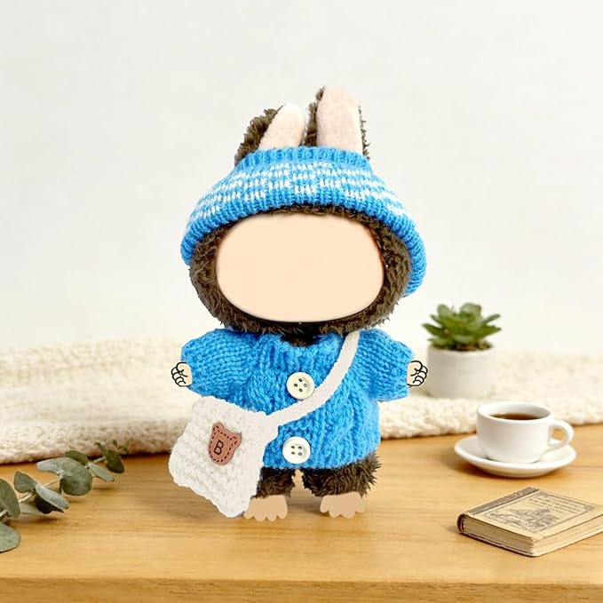 17cm Doll Clothes Set for Lububu,Cute Outfits with Hand-Crocheted Blue Sweater , Hat and Mini Bag, Designer Clothing and Accessories for 15cm Have a Seat Series Doll Display and Dress-Up