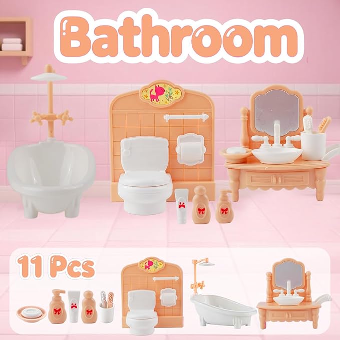 46Pcs Dollhouse Furniture Accessories Set Mini House Furniture Small Dollhouse Miniature Furniture Pretend Play House 1:12 Kitchen Bedroom Livingroom Bathroom Tiny Toy Boy Girl Kid Toddler (B Set)