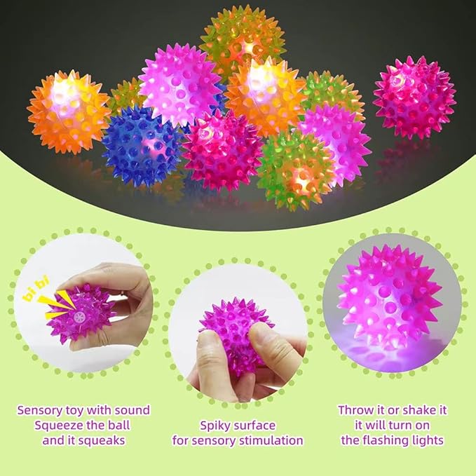 24 Pack Rubber Blinking Squishy Stress Relief Sensory Ball Toys LED Flashing Fidget Spiky Therapy Balls or Kids Teens Adults Stress Relief Party Favors