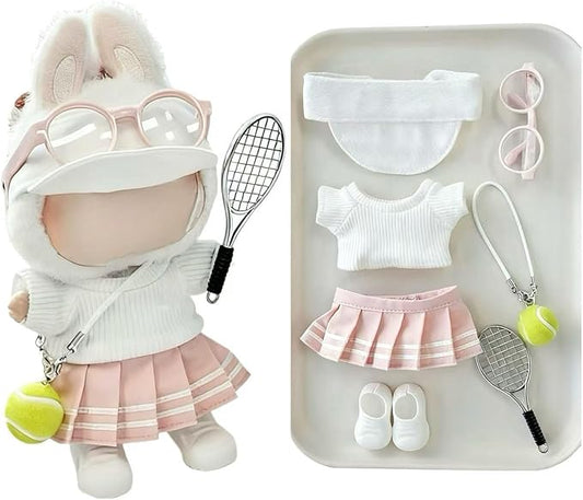 17cm Doll Clothes for Lububu Dolls, 7-Piece Sports Outfits - Top, Pants, Skirt Dress, Golf Hat, Sunglasses, Shoes, Tennis Racket, Ball Charm Luxury Stylish Gym/Tennis Doll Accessories，No Logo(PINK2)