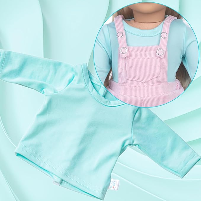 18 Inch Doll Clothes and Accessories, 4 Pcs 18 inch Girl American Doll Clothes Set Include Long Sleeves Pink Overalls Socks and Mermaid Backpack Birthday for Girls (No Doll)