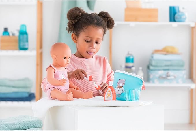 Corolle Baby Doll Care Pouch and Accessories Set - Includes Storage Bag, Drinking Cup, Pretend Electric Toothbrush, Toothpaste and Pump Bottle, for use with12, 14" and 17" Dolls (141310)