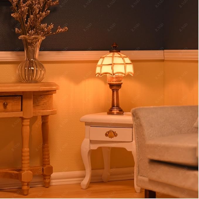 iLAND 1/12 Scale Accessories of Dollhouse Lights, Classic Miniature Lamp for Dollhouse Decoration, Elegant White Lattice Table Lamp w/Plug