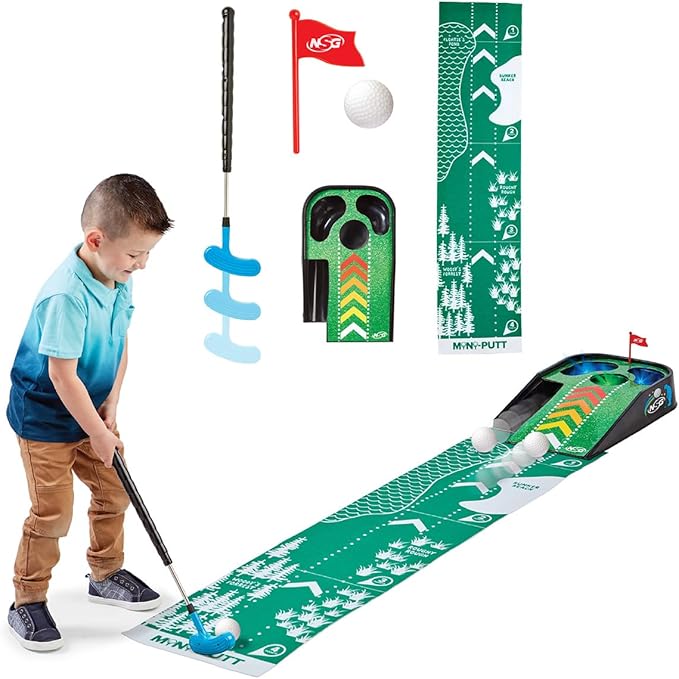 NSG Electronic Mini Golf Putting Game for Kids – Indoor Golf Toy with 4ft Mat, Aiming Pin Flag, Auto Ball Return, Cheers & Sounds, Lights, 3 Balls, Adjustable Putter – Fun Family Play, Ages 3+