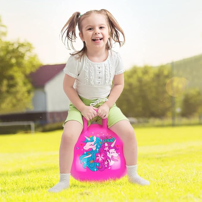 U&C Planet Hopper Ball 20 inches Bouncy Ball with Handle for Kids Age 5 6 7 8 9, Sit on Bounce Jumping Hopping Toy with Pump, Great Toddler Girls Toys for Birthday Gifts, Pink Unicorn
