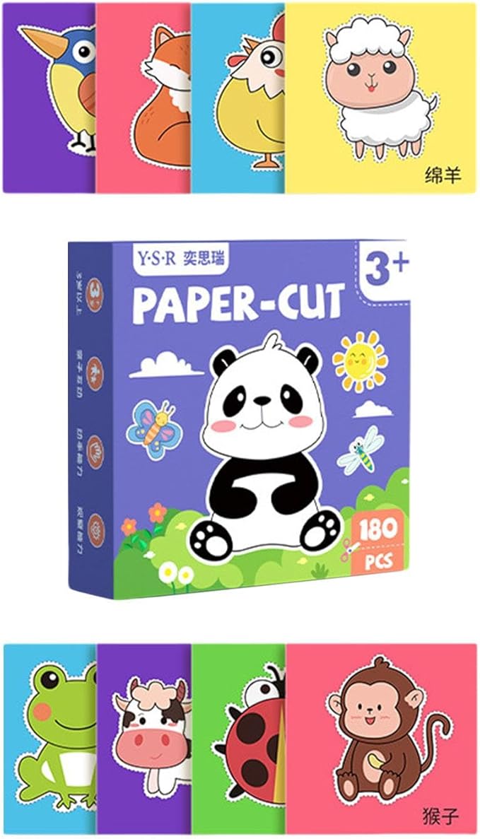 180 Pieces Paper Cutting Activity Set Craft Making Scissors Kit Art Painting DIY Project Material Paper Suitable for Children Boys, Animal Theme
