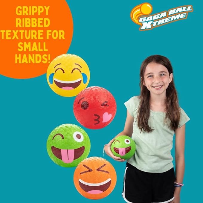 Silly Faces Playground Balls for Kids – 5 Inch Gaga Balls (4 Pk w Air Pump) – Durable Rubber Balls for Dodgeball, Handball, 4 Square, Outside School Recess Games, Kickball - Kids Easter Basket Stuffer