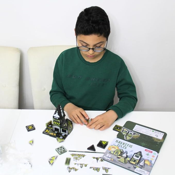 42PCS Mini Magnetic Tiles Army Base Travel Set with Iron Box STEM Educational Military Building Blocks Magnetic Construction Toy for Kids Ages 3 to 8 Creative Gift for Boys and Girls