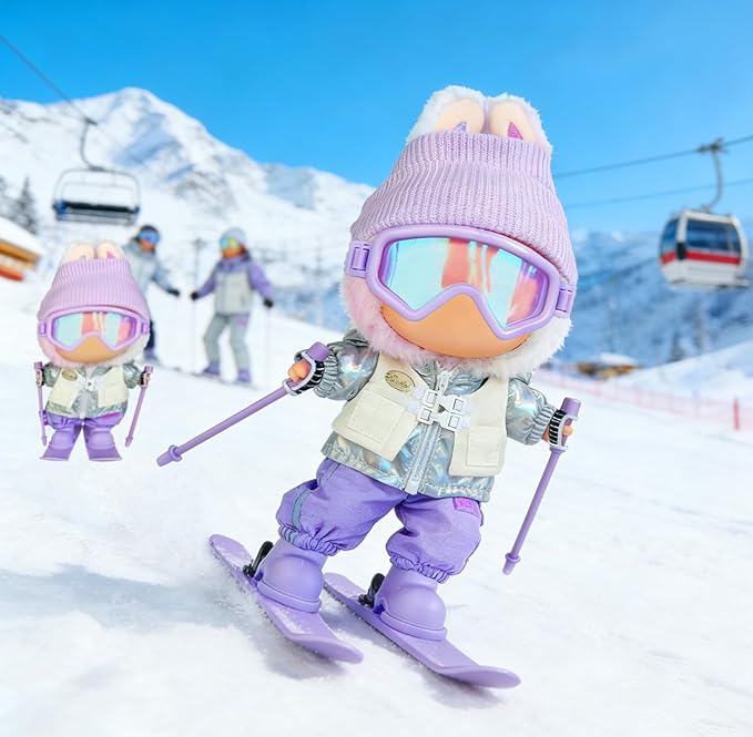 17cm Doll Clothes and Accessories Set for Lububu- Winter Snow Sports-Themed Ski Outfits with Hat, Jacket, Pants, Mini Poles, Goggles & Skiing Board, Designer Clothing for Macaron Doll(Purple)