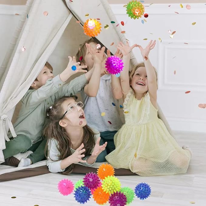 12 Pack LED Light Up Fidget Sensory Bouncy Spiky Ball Squishy Glow in The Dark Flashing Stress Relief Spiky Balls Toy for Party Favors Kids Gifts School Rewards
