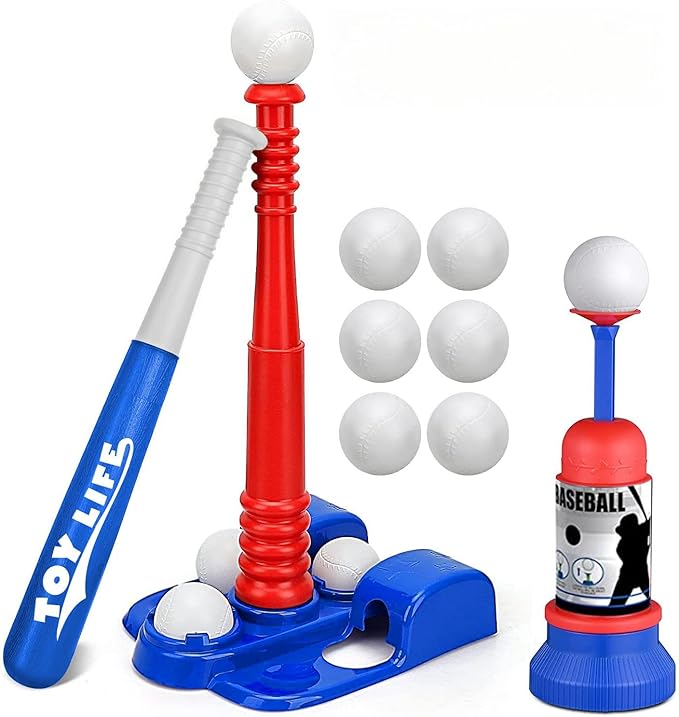 TOY Life Tball Set for Kids 3-5 & 5-8 - Toddler Baseball Tee and Bat Set with Ball Launcher & 6 Balls - Ideal Boy Toy Gift for Outdoor Play and Beginner Training