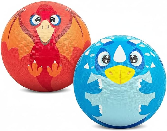Kickball for Kids and Toddlers 1-3, 2 Pack Big 8.5 Inch Rubber Balls for Playground, Outdoor Bouncing Balls w/Pump and Dinosaur Themed Drawstring Bags, Child Ball Gift for Boys Girls