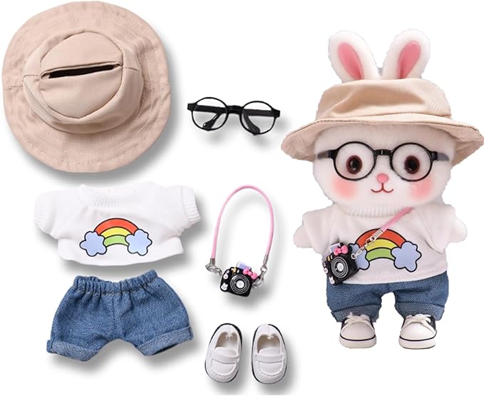 6-Piece 17cm Doll Clothes Set - Trendy Outfit with Hat, Pants, Glasses & Mini Camera, Fashion Accessories Compatible with Vinyl Face Pendant (Style F, No Doll)