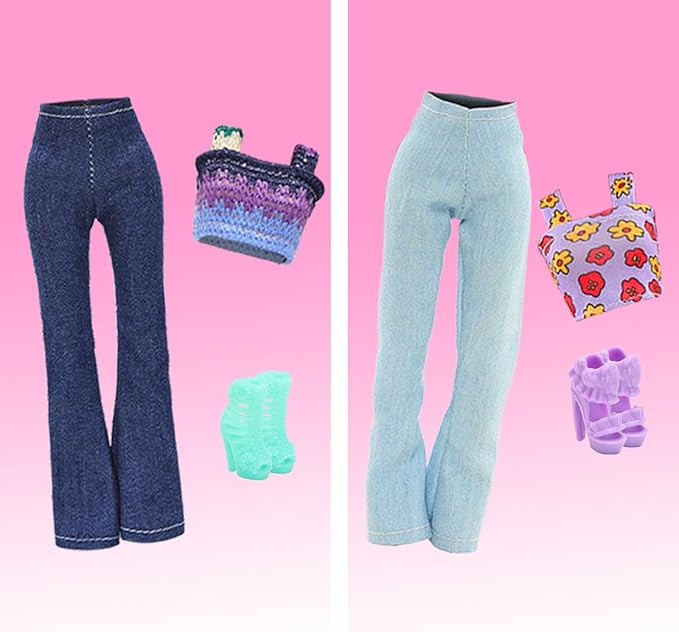 BARWA 17 Pcs Doll Clothes and Accessories for 11.5 Inch Girl Dolls Including 7 Sets Fashion Floral Skirts and Denim Skirts, Casual Tops and Pants with 2 Bags, 5 Shoes, 1 Plaid Picnic Mat