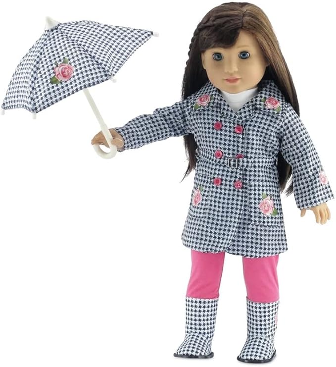 Emily Rose 18-inch Doll Raincoat Set 5-PC - Complete Rainy Day Outfit with Working Umbrella & Boots | American Girl Compatible | USA Brand