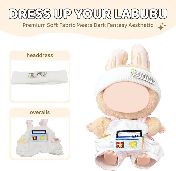 17cm Doll Clothes Set for Labubu – White Outfit with Headband & Overalls – Designer Clothes for 17cm Sitting or Standing Dolls (No Doll)