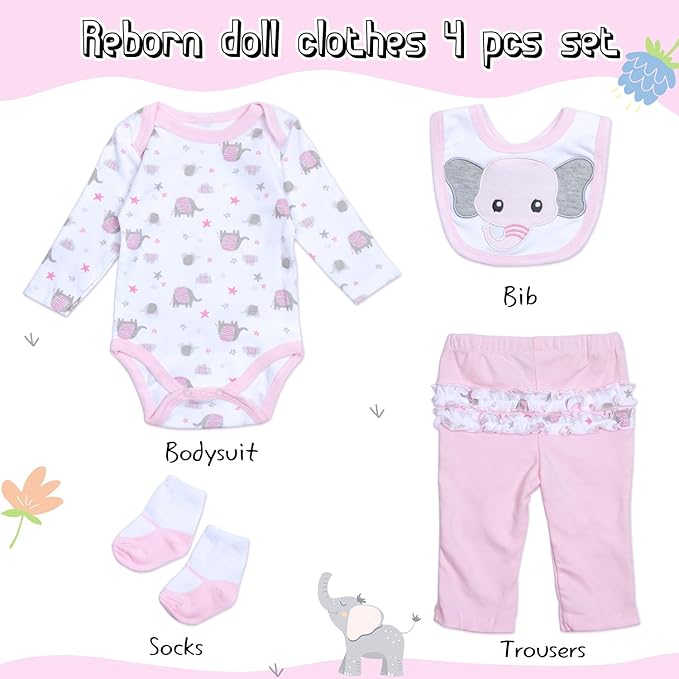 4 pcs Reborn Baby Doll Clothes Set for 17-22 Inch Newborn Baby Dolls Pink Doll Outfits with Bodysuit Bib Socks Girl Doll Accessories