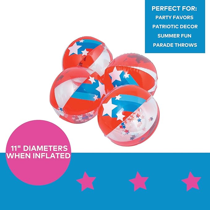 Fun Express Patriotic Confetti Beach Balls Bulk 12 Pack - Red White Blue Inflatable Pool Toys for 4th of July Party Decorations | Large 11 Inch Beach Ball Set for Kids Swimming Pool Party Favors