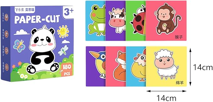 180 Pieces Paper Cutting Activity Set Craft Making Scissors Kit Art Painting DIY Project Material Paper Suitable for Children Boys, Animal Theme