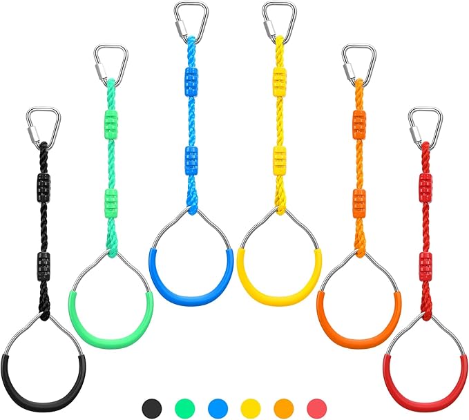 PELLOR Multi-Color Ninja Rings, Gymnastic Rings Backyard Playground Training Equipment Play for Kids & Adults, Swing Bar for Backyard Ninja Warrior Obstacle Course Kits