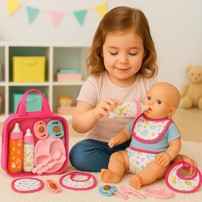 My Sweet Baby 13-Piece Doll Feeding & Diaper Bag Set – Disappearing Milk Bottles, Bibs, Pacifiers, Diapers & Accessories Set – Pretend Play Baby Doll Care Kit for Girls – Fits 12–18″ Dolls