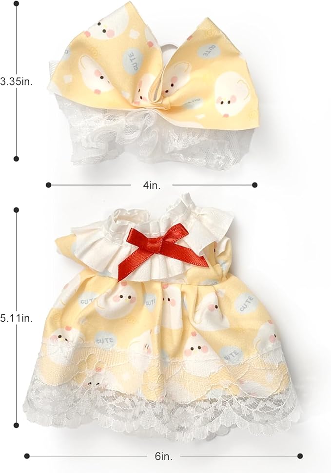 17cm Doll Clothes for Labubu Set - 5-Piece Luxury Designer Outfit with Bow, Glasses, Camera Bag & Shoes | Fashionable Dress-Up Accessories for Dolls (Yellow)