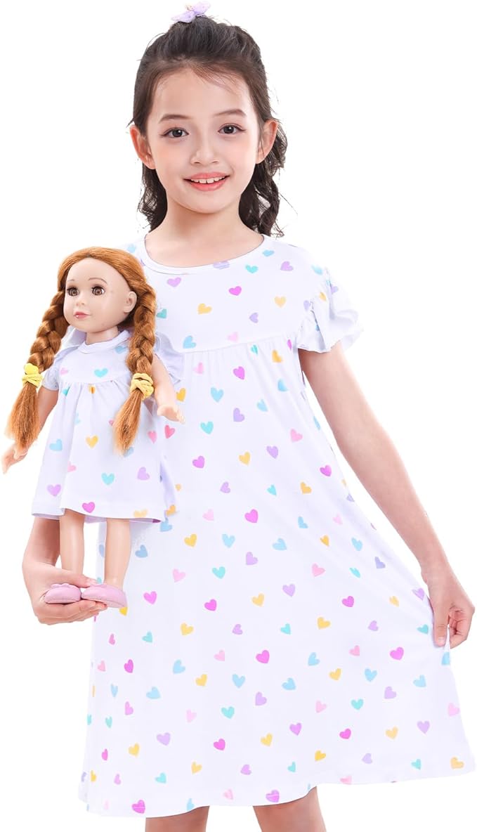 ICOSY Matching Doll & Girls Nightgowns Clothes Girls Pajamas Sleepwear Outfit for Kids and 18" Girl Doll