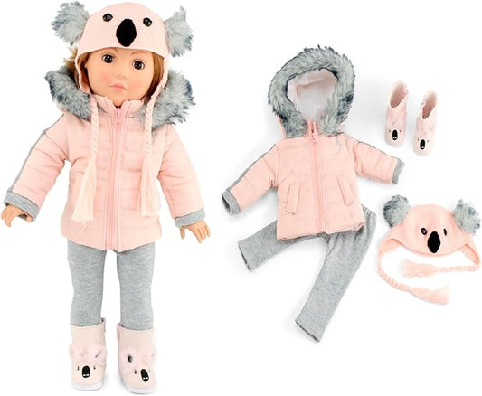 18 Inch Doll Winter Clothes Set - 4PC Koala Snow Jacket Coat Outfit with Matching Hat & Boots Compatible with American Girl, Our Generation, My Life As, & Adora Dolls – Kids USA Brand