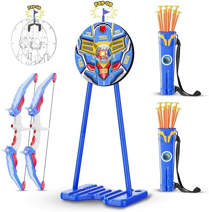 2 Pack Kids Bow and Arrow, LED Light Up Archery Toy Set with 20 Suction Cup Arrows, Standing Target & Arrow Case,Kids Indoor and Outdoor Toys Birthday Gifts Ideas for 3 4 5 6 7 8 9 10 11 12 Year Boys