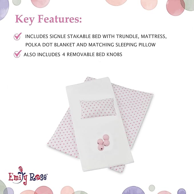 Emily Rose 18" Doll Pink Trundle Bed with Pull-Out Storage Drawer & 3-PC Bedding Set - Stackable Design - Fits American Girl Dolls - Wooden Bedroom Furniture