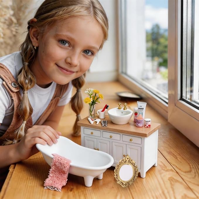 DIYDEC 1:12 Scale Dollhouse Bathroom Set 20pcs Miniature Furniture Accessories with Doll Bathroom Washbasin Cabinet Ceramic Bathtub Mirror Comb for Dollhouse Miniatures Play Figurines Decor