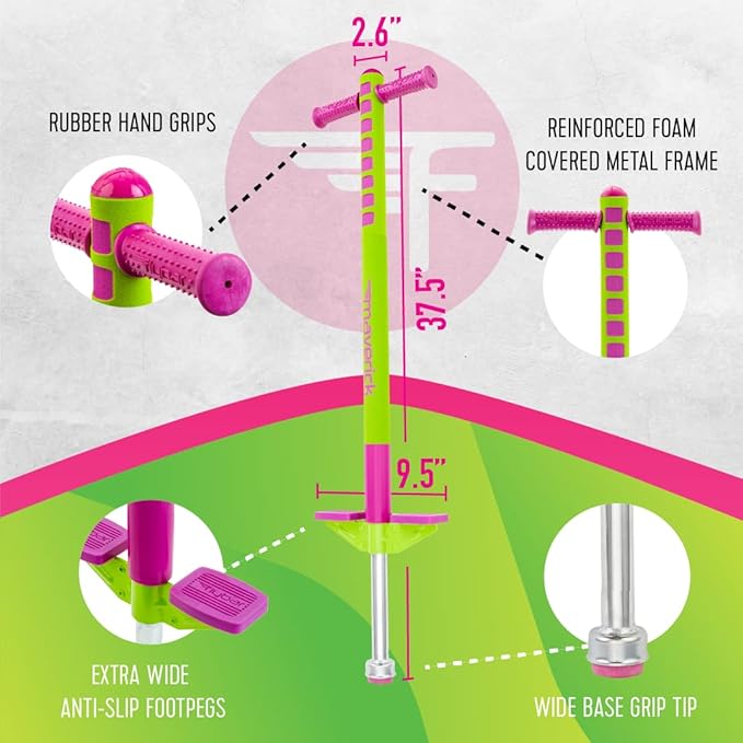 Flybar Limited Edition Foam Maverick Pogo Stick for Kids - Two New Rubber Hand Grips (Lime/Purple)