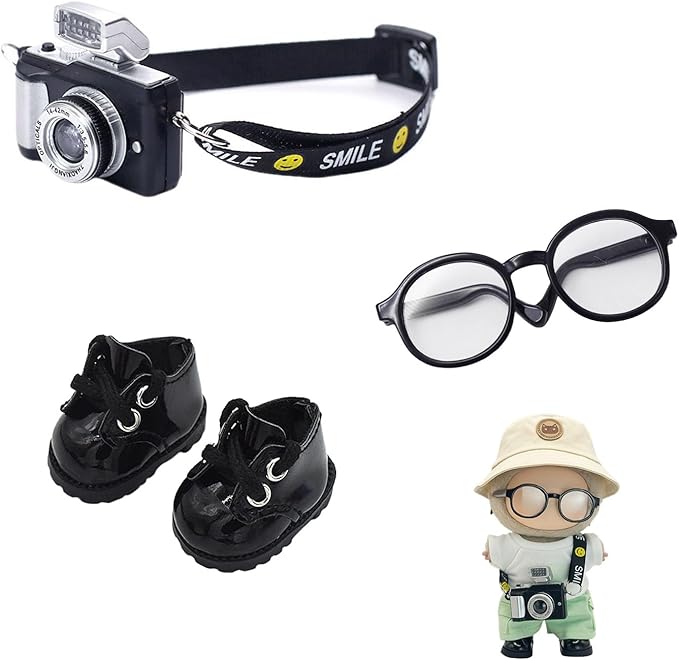 3pcs Doll Accessories Set Included Mini Glasses, Camera and Shoes for 17cm Doll, Dress Up Accessories Mini Costume Supplies for for 6.7 Inches Dolls (Set of Black)