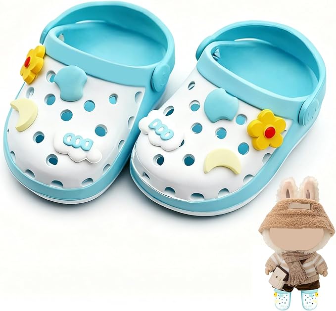 Doll Shoes,6.7in(17cm) Plastic Doll Dress up Shoes,Doll Decoration Accessories for Mini Clog Shoes with Cute Decoratives,Dual-Tone Oil Painting Design with Removable Ornament (Blue)