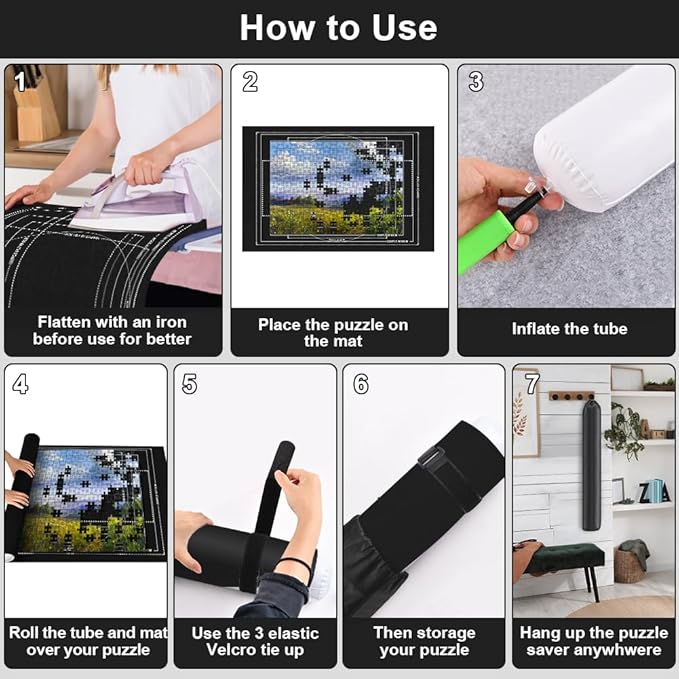 Ainiv Jigsaw Puzzle Mat Roll Up 2000 Pieces, 47” x 31.5” Portable Felt Puzzles Board with 4 Sorting Trays & Travel Storage Bag, Jigsaw Saver Pad Keeper for Adults Teens, Black