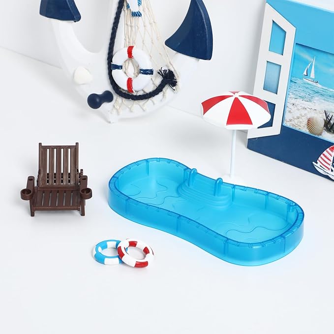 Abaodam Beach Mini House Decoration, Mini Swim Pool with Ring Chair Umbrella, Summer Seaside Miniatures Beach Swimming Pool Set for Crafts Dollhouse Scene Decor