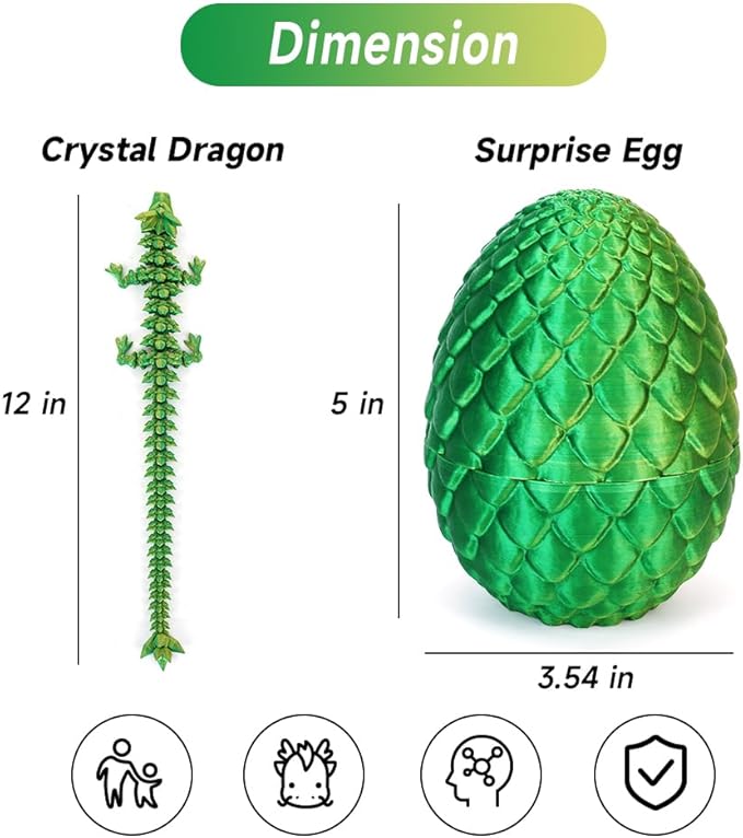 12" 3D Printed Dragon Egg, Mystery Articulated Crystal Dragon Egg Fidget Toys, 3D Print Surprise Animals Toy for Kid Teen Boy Girls (Laser Yellow Green)