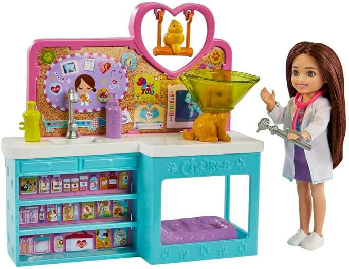 Barbie Chelsea Doll and Accessories, Pet Vet Playset with Doll, 4 Animals and 18 Pieces