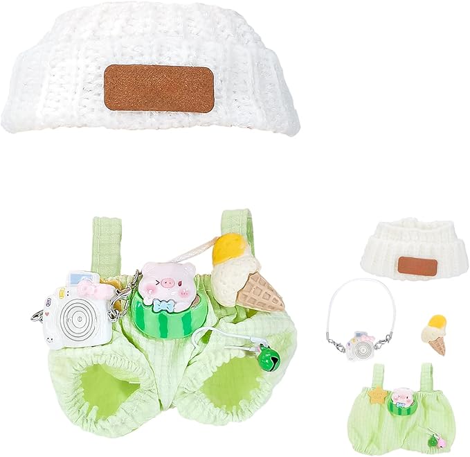 Doll Clothes for 17cm Dolls, Soft Knit Hat, Cozy Overalls, Camera, Bottle & Cute Accessories (No Doll) (Green)