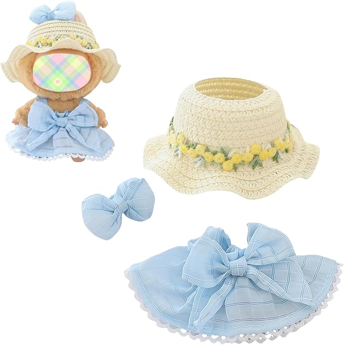Clothes for Lu bubu 17cm Dolls Accessories (No Doll), Kawaii Hat Skirt Outfit Set 3 Pieces for 17cm Dolls Suit, Stylish Flower Doll Hat Clothing Set Replacement Blue