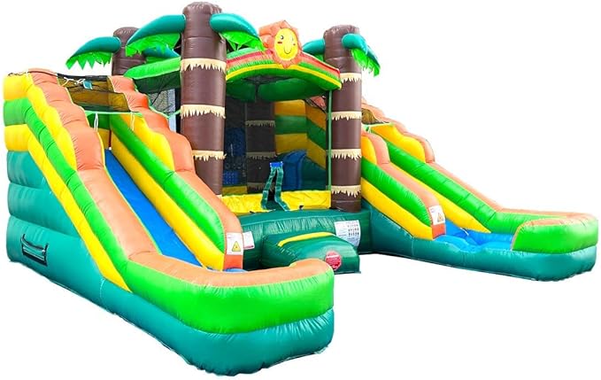 Crossover Tropical Double Water Slide Bounce House Combo, 16.5 x 15 x 11 Foot, PVC Vinyl Inflatable Bouncy House for Kids, Wet or Dry Slides, with Stakes and Storage Bag, Blower not Included