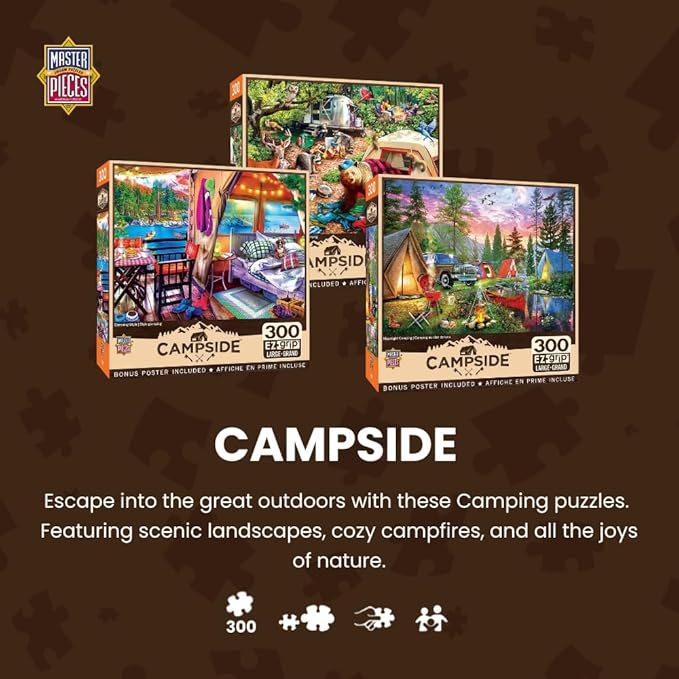 MasterPieces - 300 Piece Jigsaw Puzzle, Large EZ Grip Shapes, Oceanside Camping, Fun for Adults, Seniors, Family, Kids, Non-Glare Finish, 18"x24"