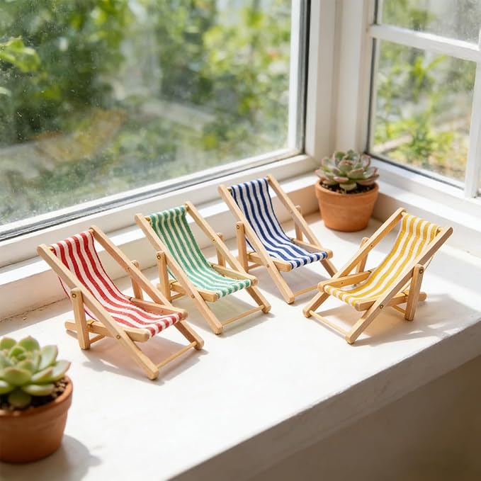 6Pcs 1:12 Scale Mini Wooden Folding Beach Chair, Miniature Sunbathing Lounge Deck Chair, Dollhouse Outdoor Furniture Accessories (MiniBeachChair)