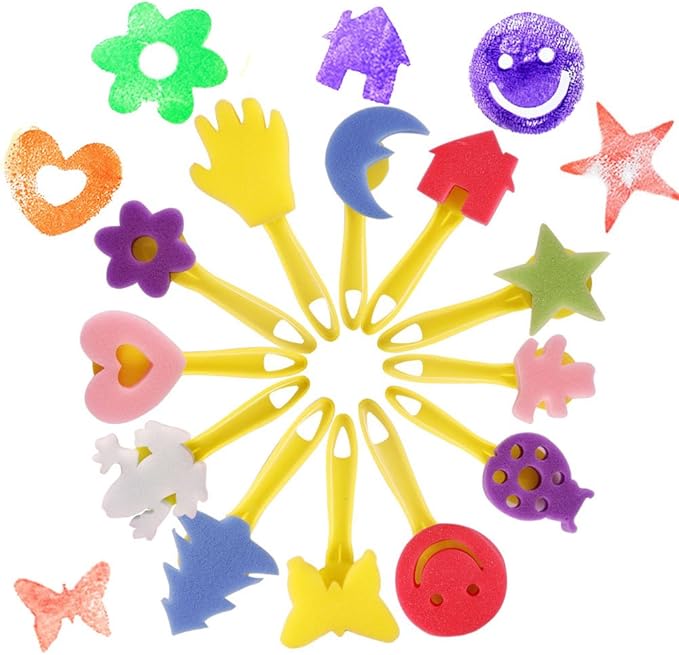EVNEED Paint Sponges for Kids,29 pcs of Fun Paint Brushes for Toddlers.Coming with Roller,Flower Pattern Brush, Brush Set, Long Sleeve Waterproof Apron with 3 Roomy Pockets